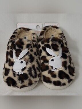 Playboy Bunny Leopard Faux Fur Memory Foam Slip-On Slippers 9.5-10.5